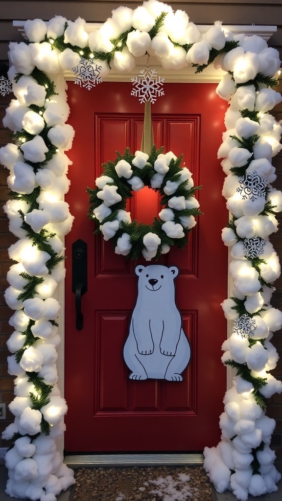 A Christmas door decorated with a polar bear theme, featuring cotton snow, lights, and snowflakes.